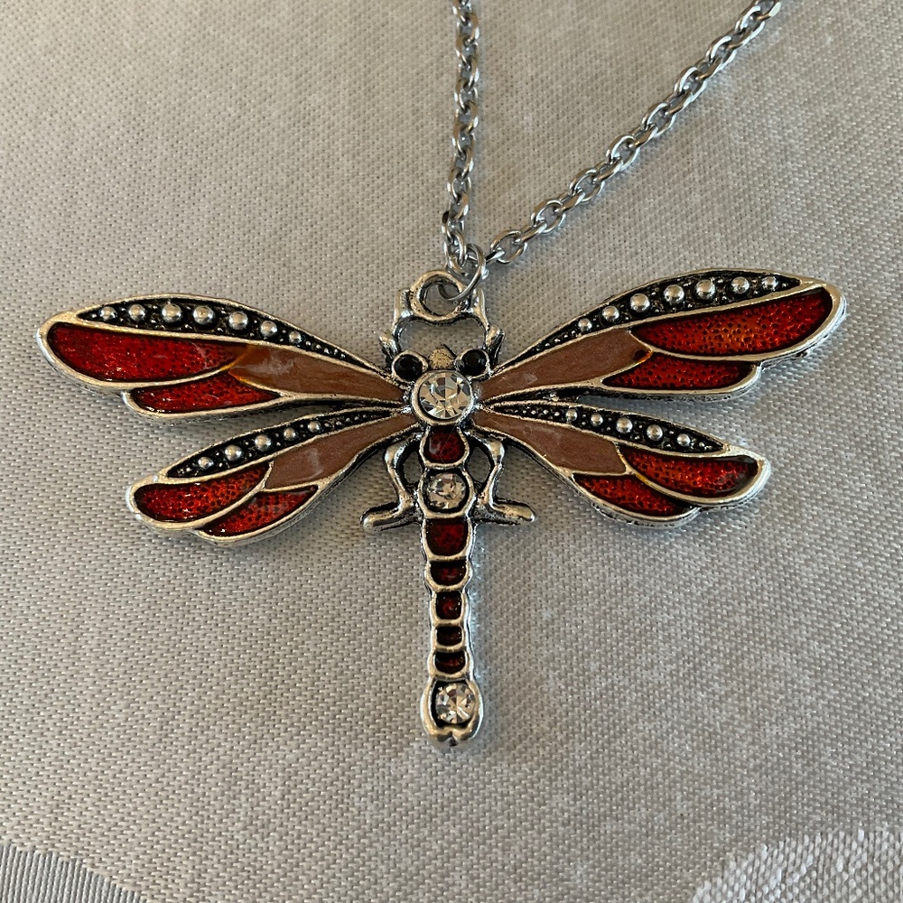 Red enamel white rhinestone dragon fly necklace with stainless chain